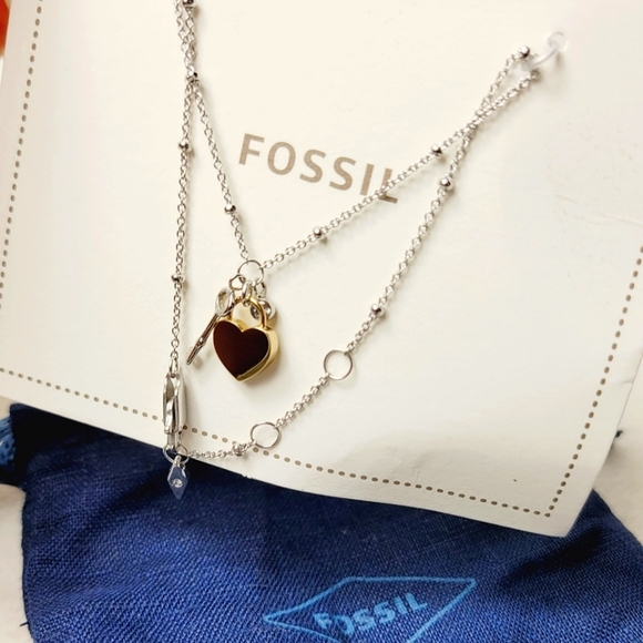 Fossil Archival Two-Tone Stainless Steel Heart Chain Bracelet + Fossil Jwlry Bag - Picture 6 of 6